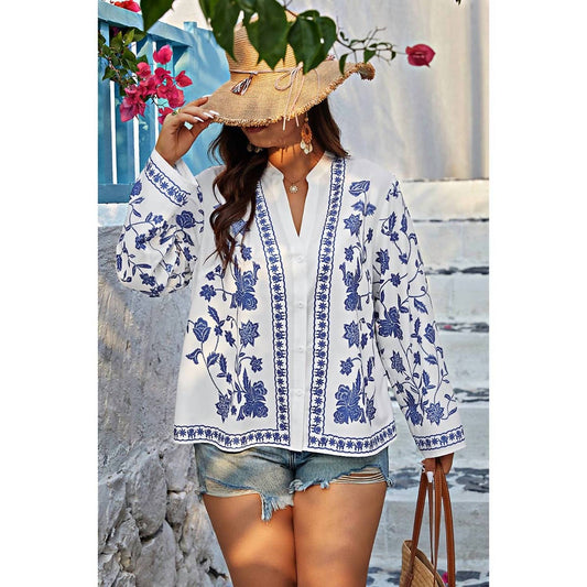 Ymi - Floral Button Down Blouse - Plus