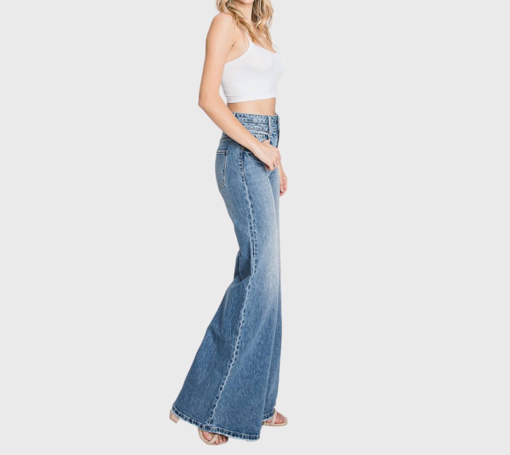 Petra153 - Women's Vintage High Waisted Stretch Wide Leg Jeans