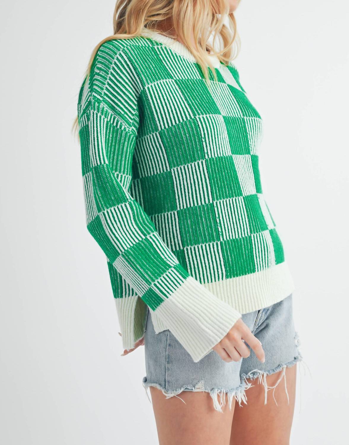 AEMI + CO Women's Check Sweater in green - women's sweater - alternate view