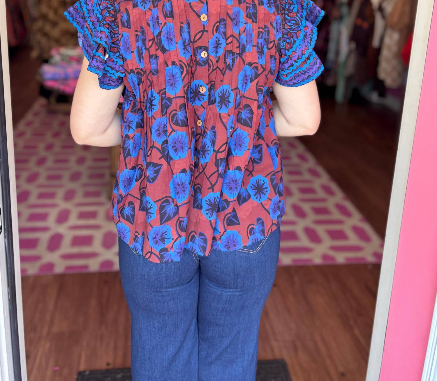 Sohana Flutter Sleeve Top in midnight bloom - women's blouse - detail view