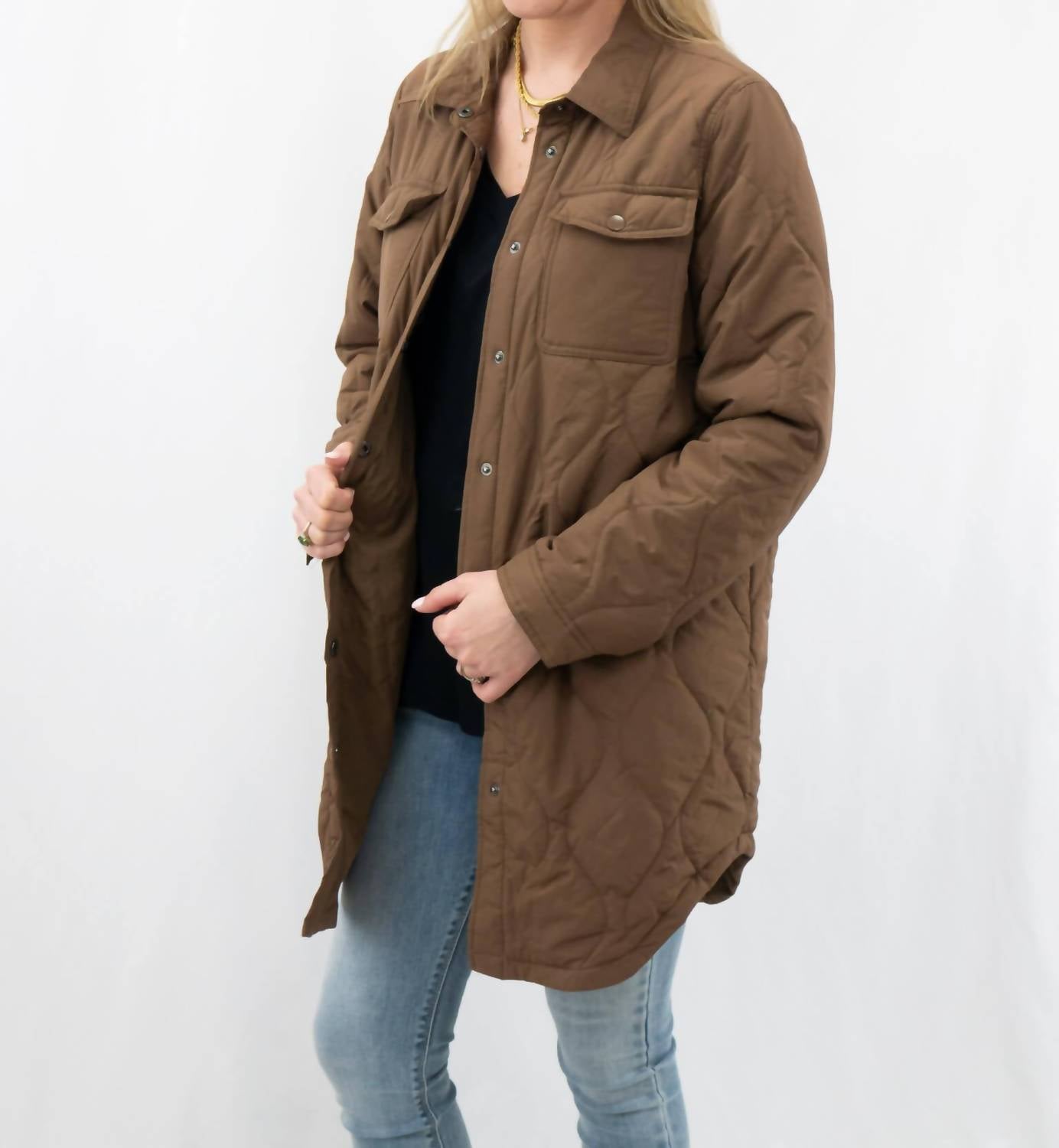 trend:notes Quilted Utility Thin Puffer Jacket in brown - women's jacket - alternate view