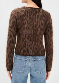 ASTR Katria Fuzzy Crewneck Cardigan in brown cheetah - women's cardigan - detail view