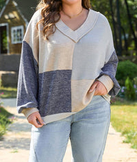 66Disco - Textured Colorblock Patchwork V-neck Top - Plus