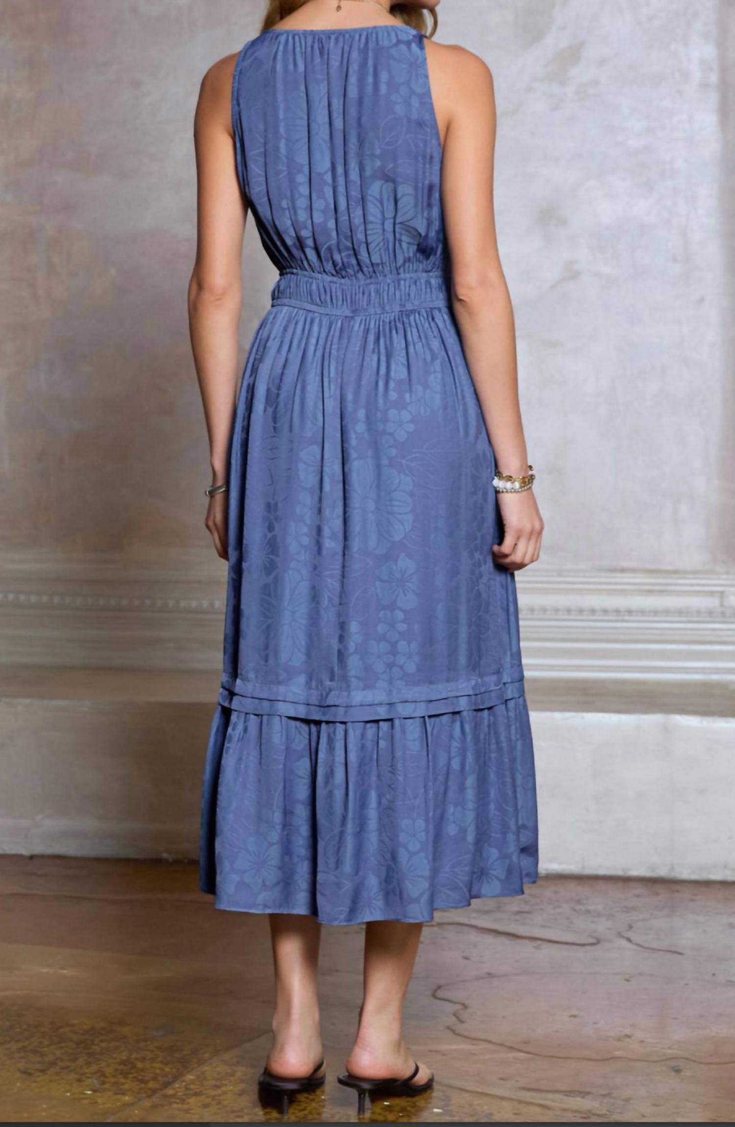 current air Women's Floral Jacquard Midi Dress in parisian blue - women's dress - detail view