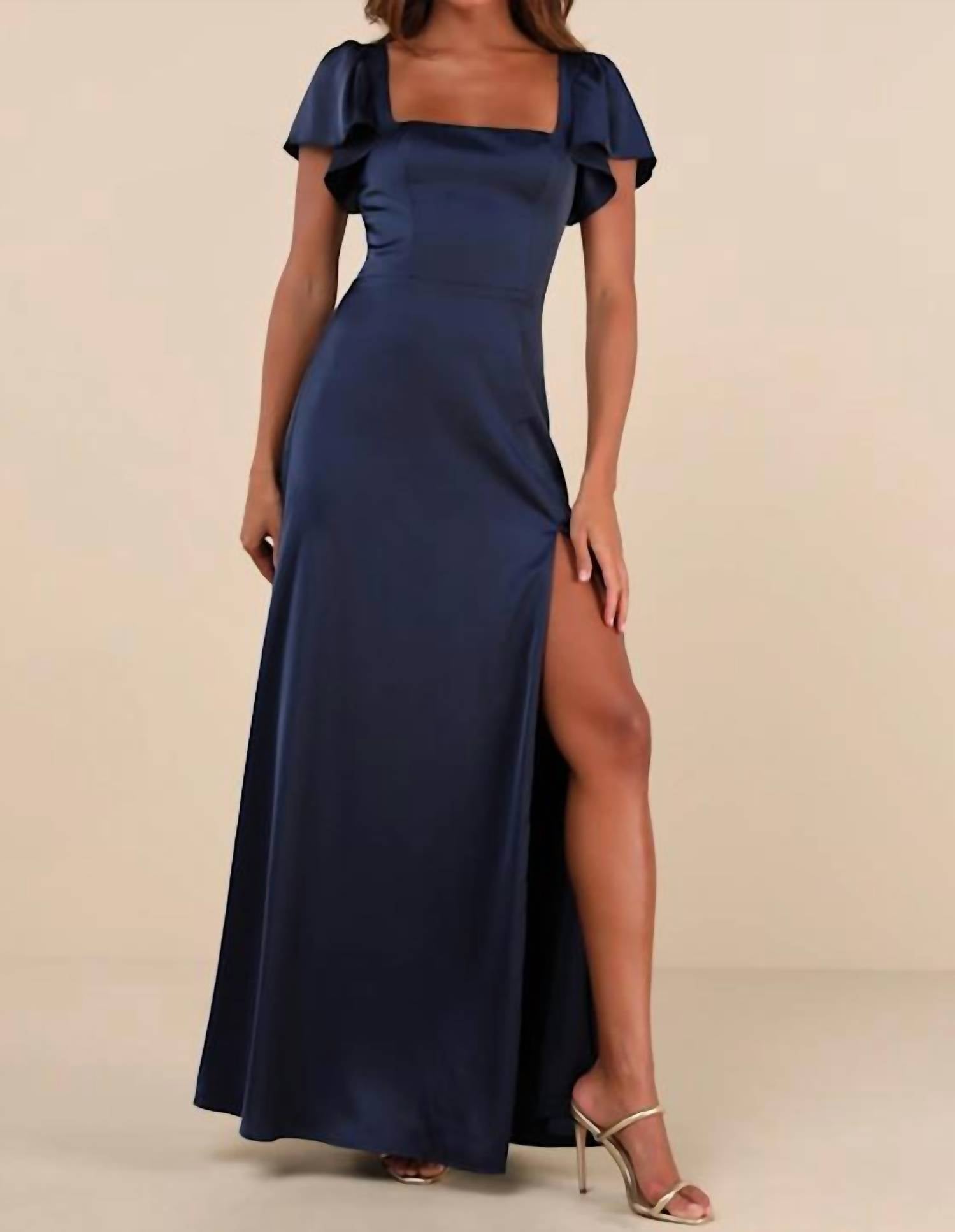 Lulus - Women's Ultimate Sweetness Satin Flutter Sleeve Maxi Dress