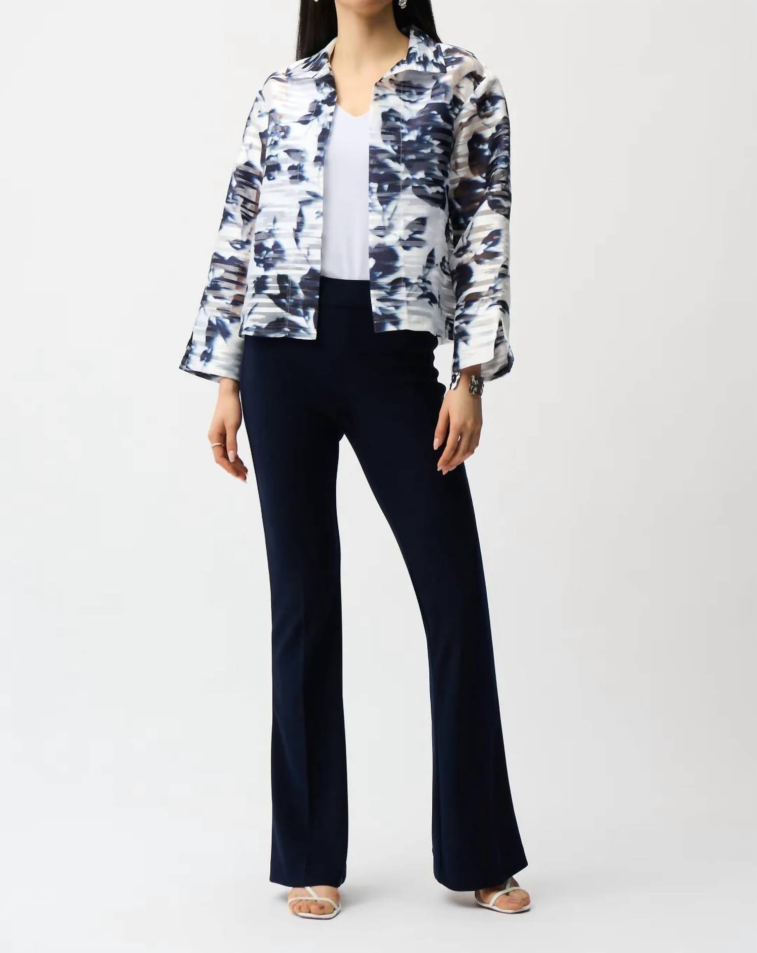 Joseph Ribkoff - Jacquard Organza Floral Print Trapeze Jacket With Stand Collar