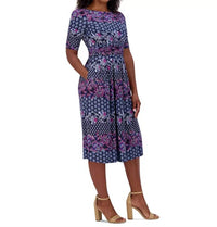 Jessica Howard Printed Ruched-sleeve Midi Dress in navy pink - women's dress - detail view