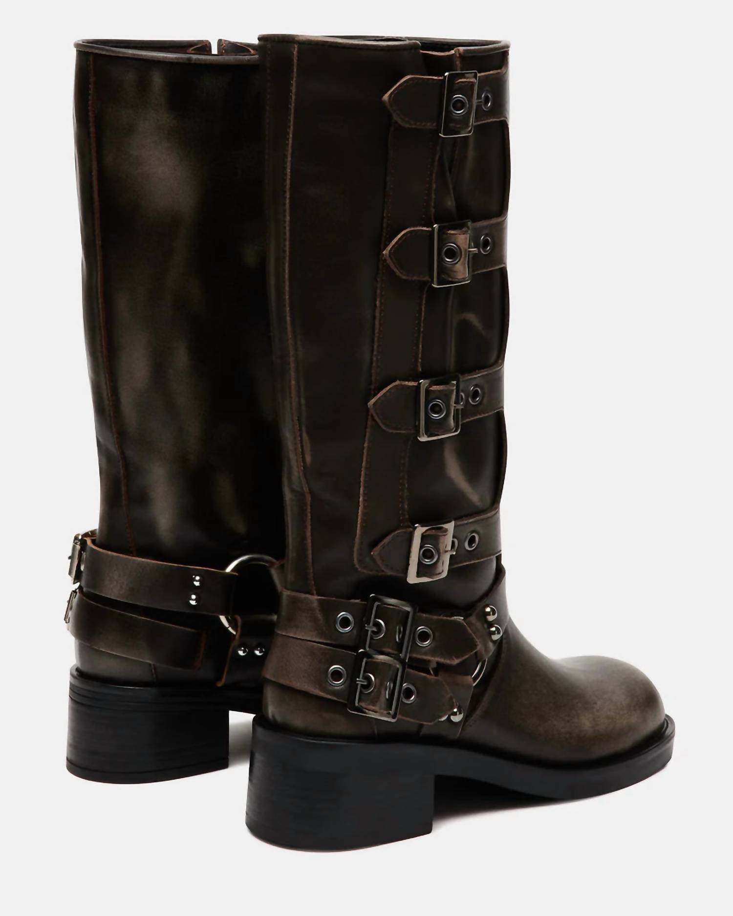 Steve Madden - Women's Rocky Distressed Leather Buckle Hardware Tall Moto Engineer Boots