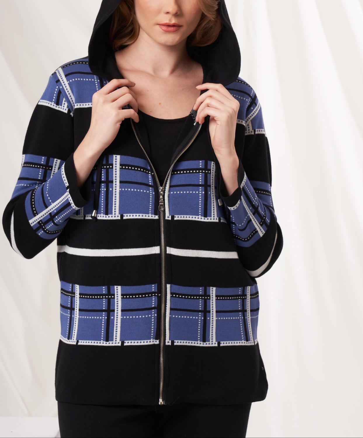 Angel Apparel Plaid Knit Hoodie Jacket in black denim - women's jacket - detail view