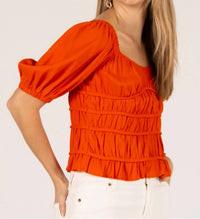 Before You Collection Margo Linen Half Sleeve Top in poppy - women's blouse - detail view