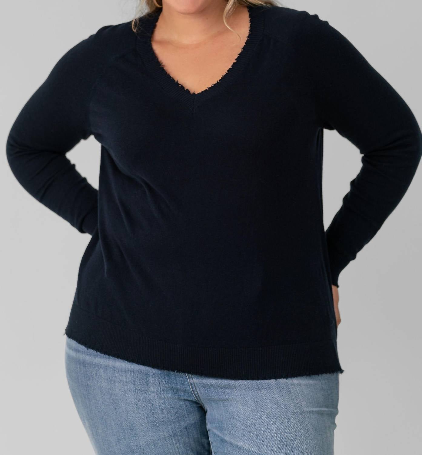 Minnie Rose - Distressed Long Sleeve V-neck Sweater - Plus Size