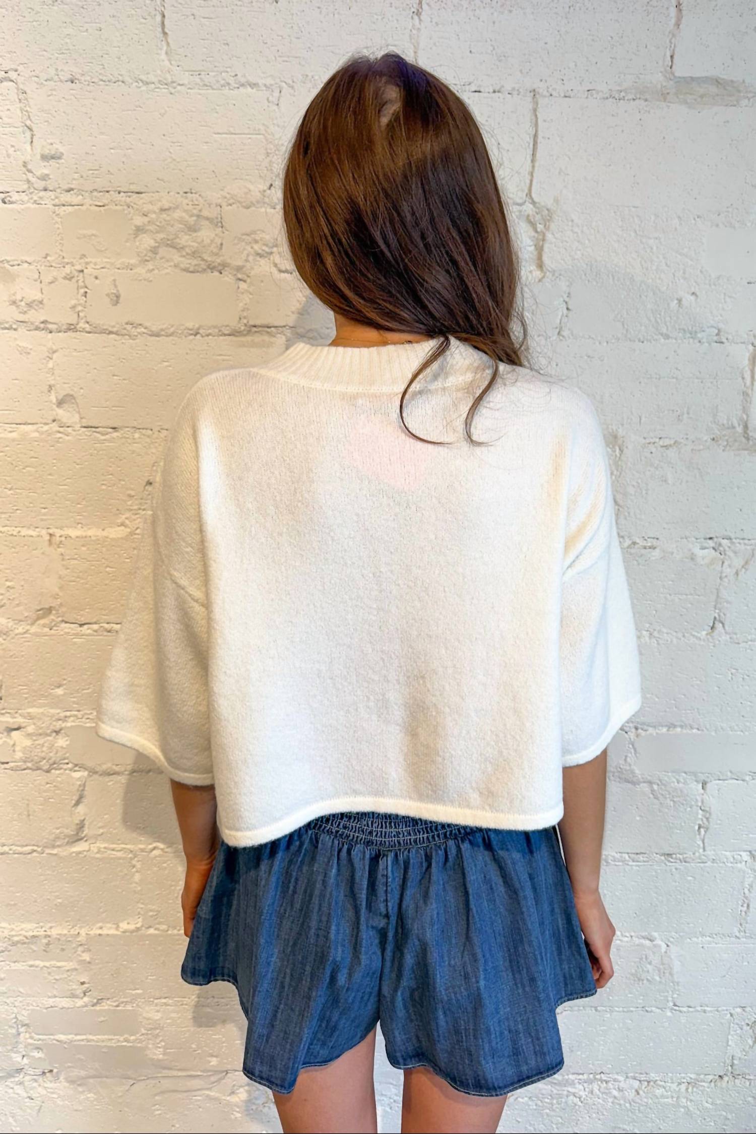 OLIVACEOUS Livia Boxy Cropped Cardigan in cream - women's cardigan - detail view