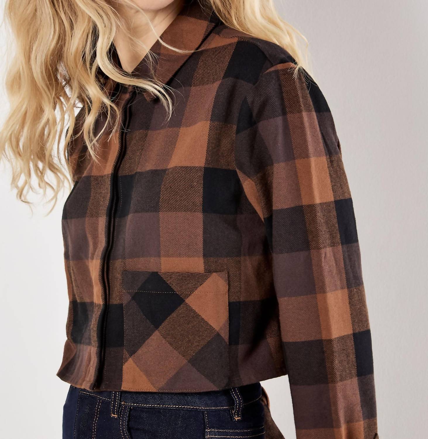 Apricot - Buffalo Check Cropped Shirt Top
