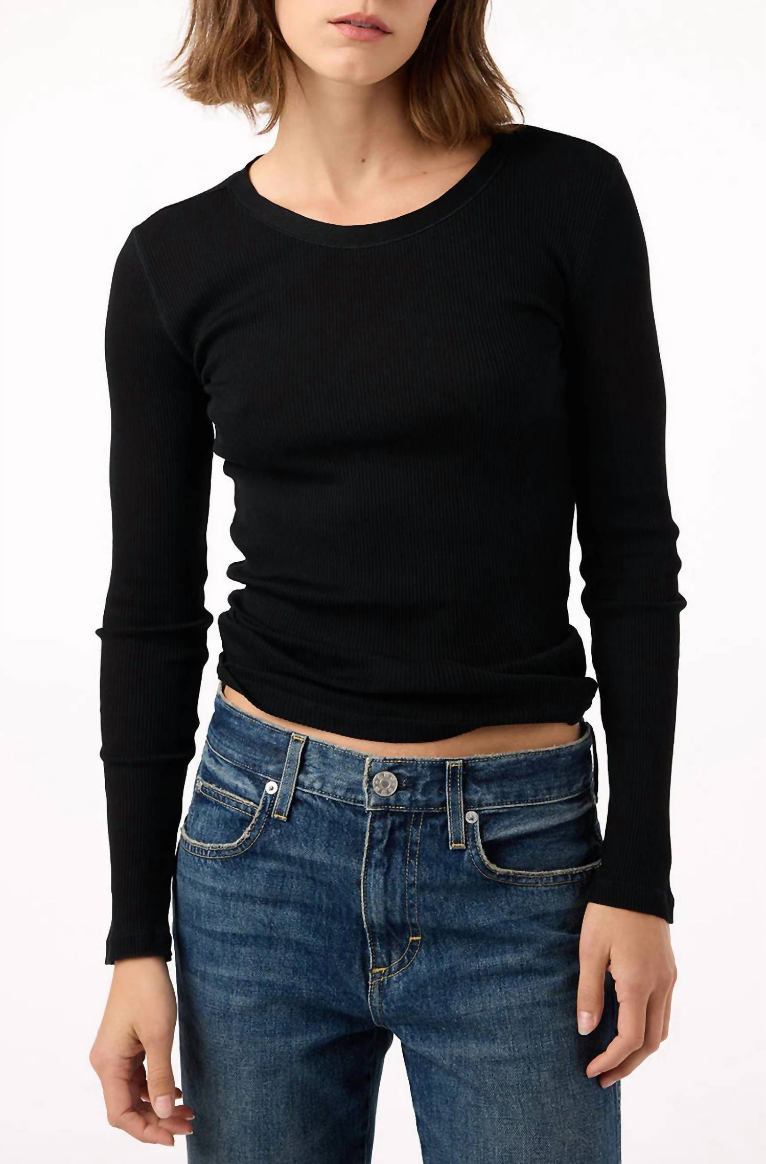 AMO Swoon Long Sleeve Ribbed Top in black - women's long sleeve top