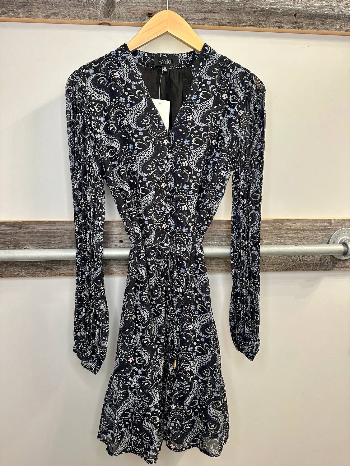 Papillon - Women's Ruffle Hem Tie Belt Long Sleeve Dress