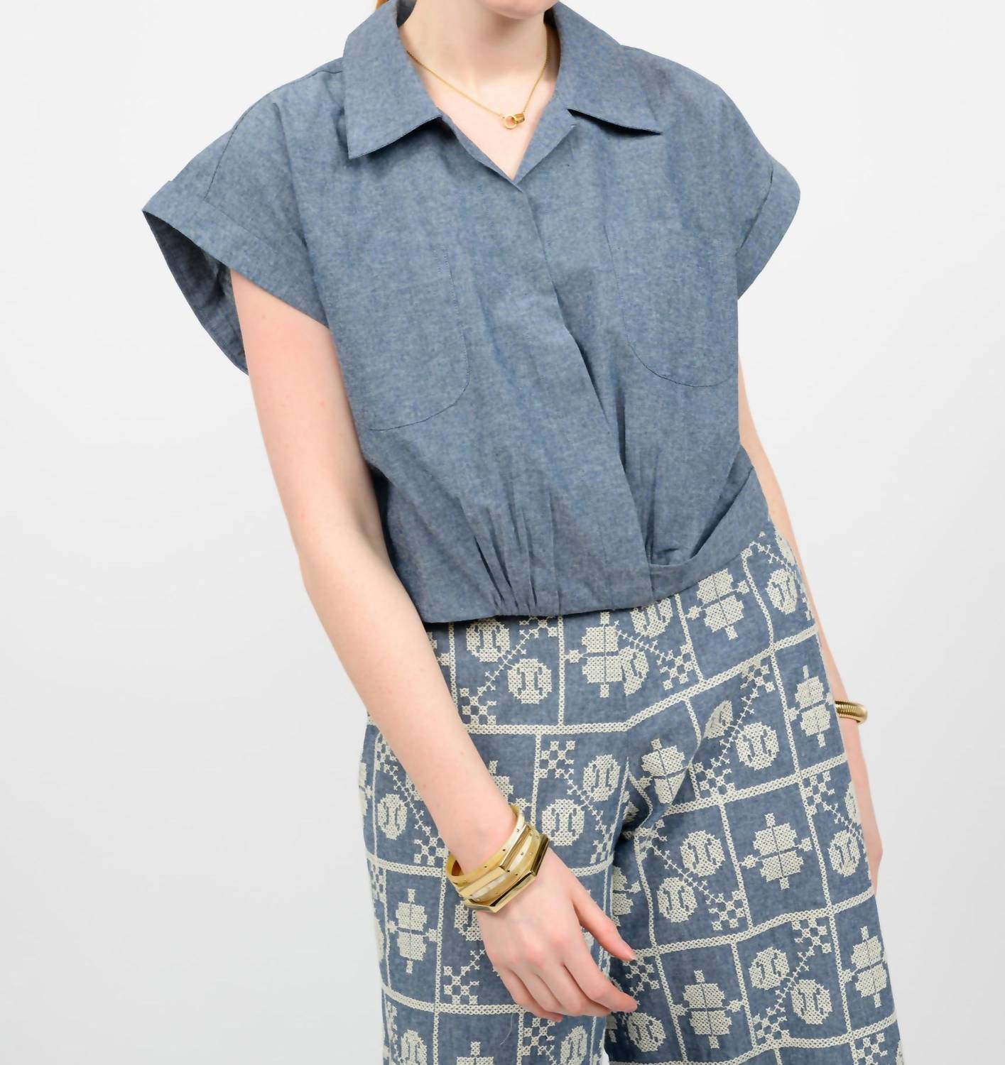 Ivy Jane Wrap Waist Short Sleeve Top in indigo - women's blouse - alternate view