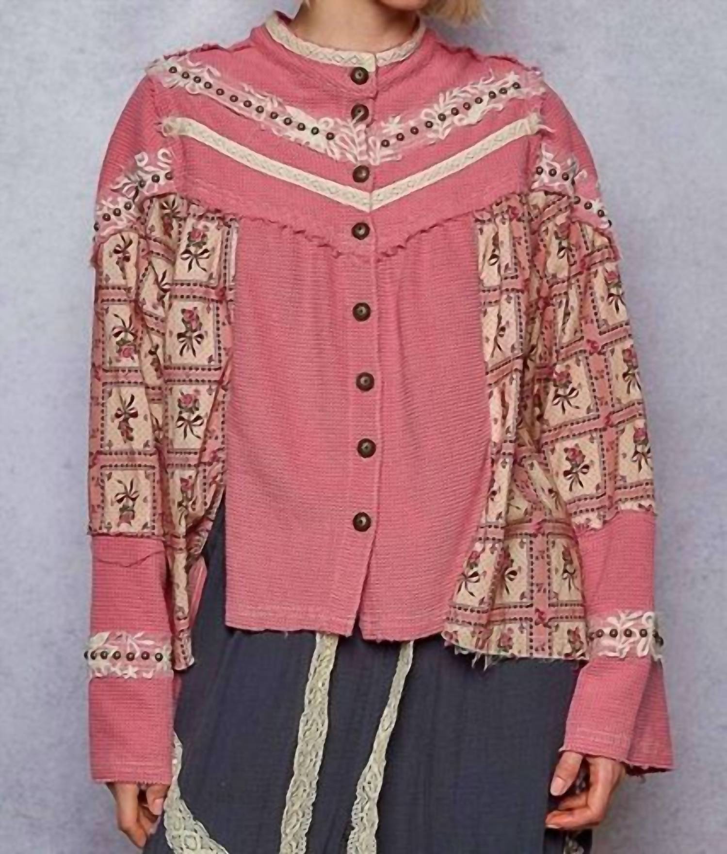Pol - High Neck Printed Contrast Stud Shirt Top