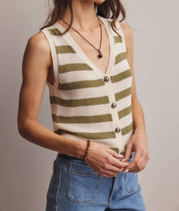Forte Striped Button-front Knit Vest Top in sage - women's tank top - view 5
