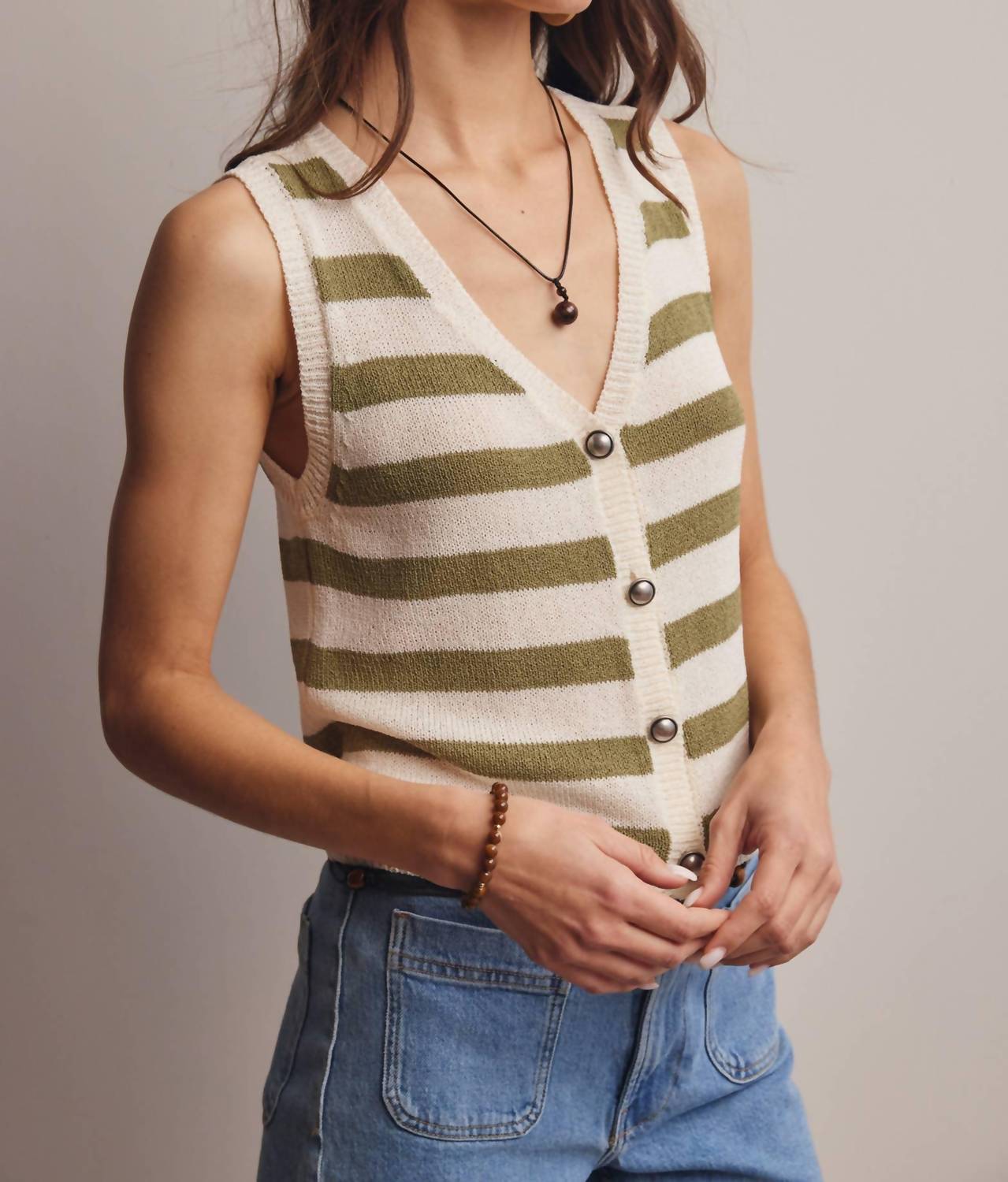 Forte Striped Button-front Knit Vest Top in sage - women's tank top - view 5
