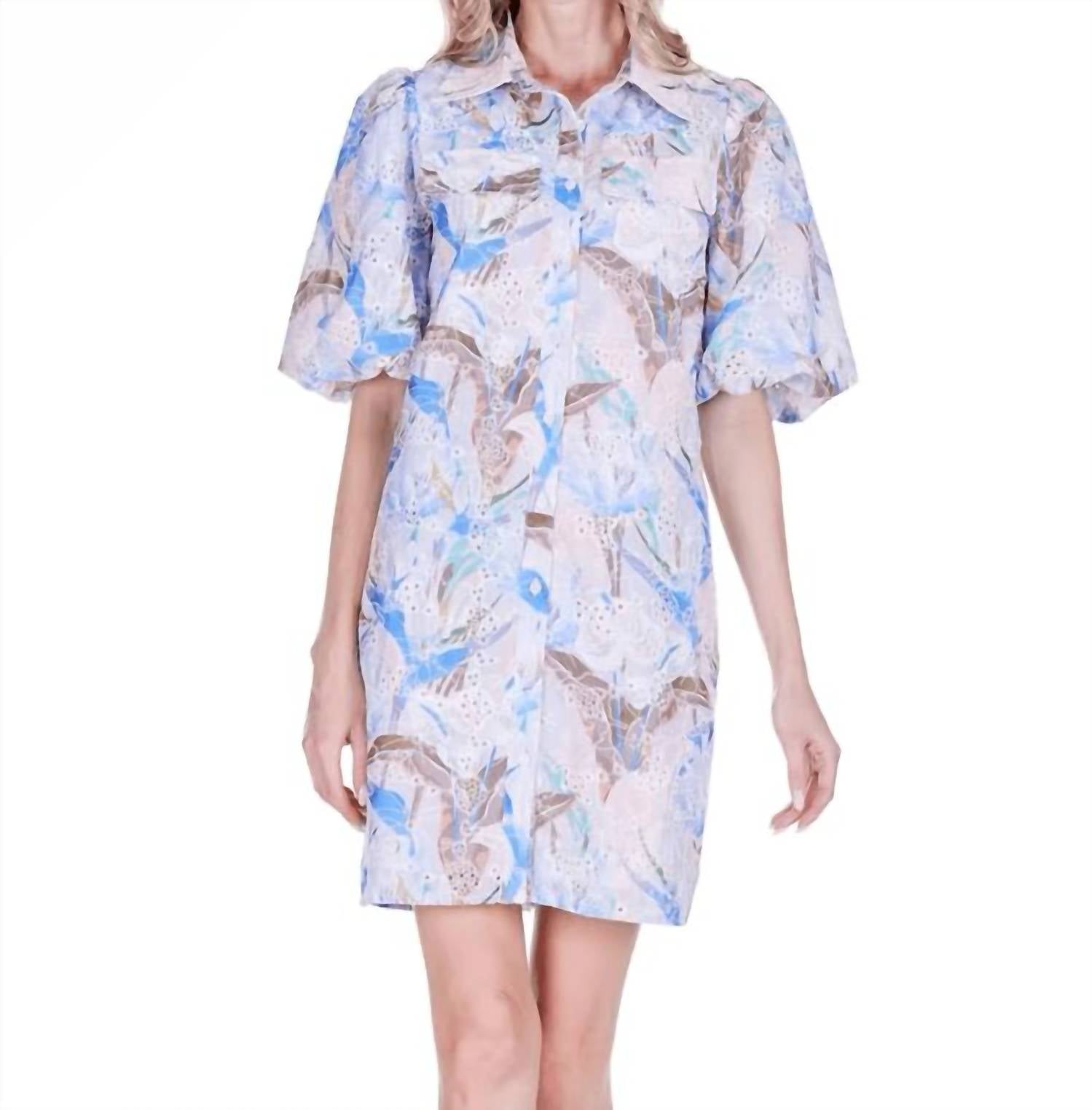 Joy Joy Puff Sleeve Fitted Shirtdress in vintage mist eyelet - women's dress - detail view