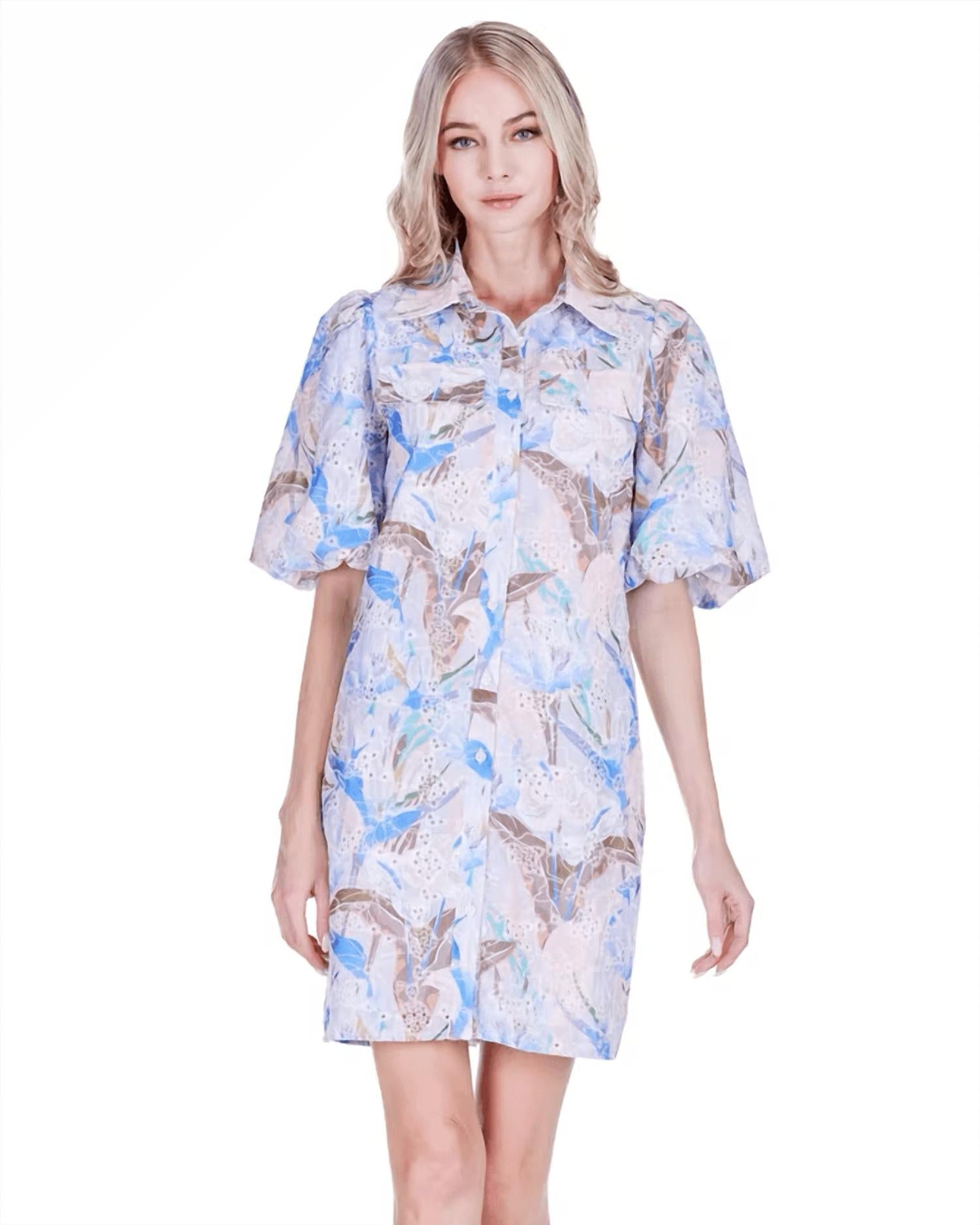 Joy Joy Puff Sleeve Fitted Shirtdress in vintage mist eyelet - women's dress - alternate view