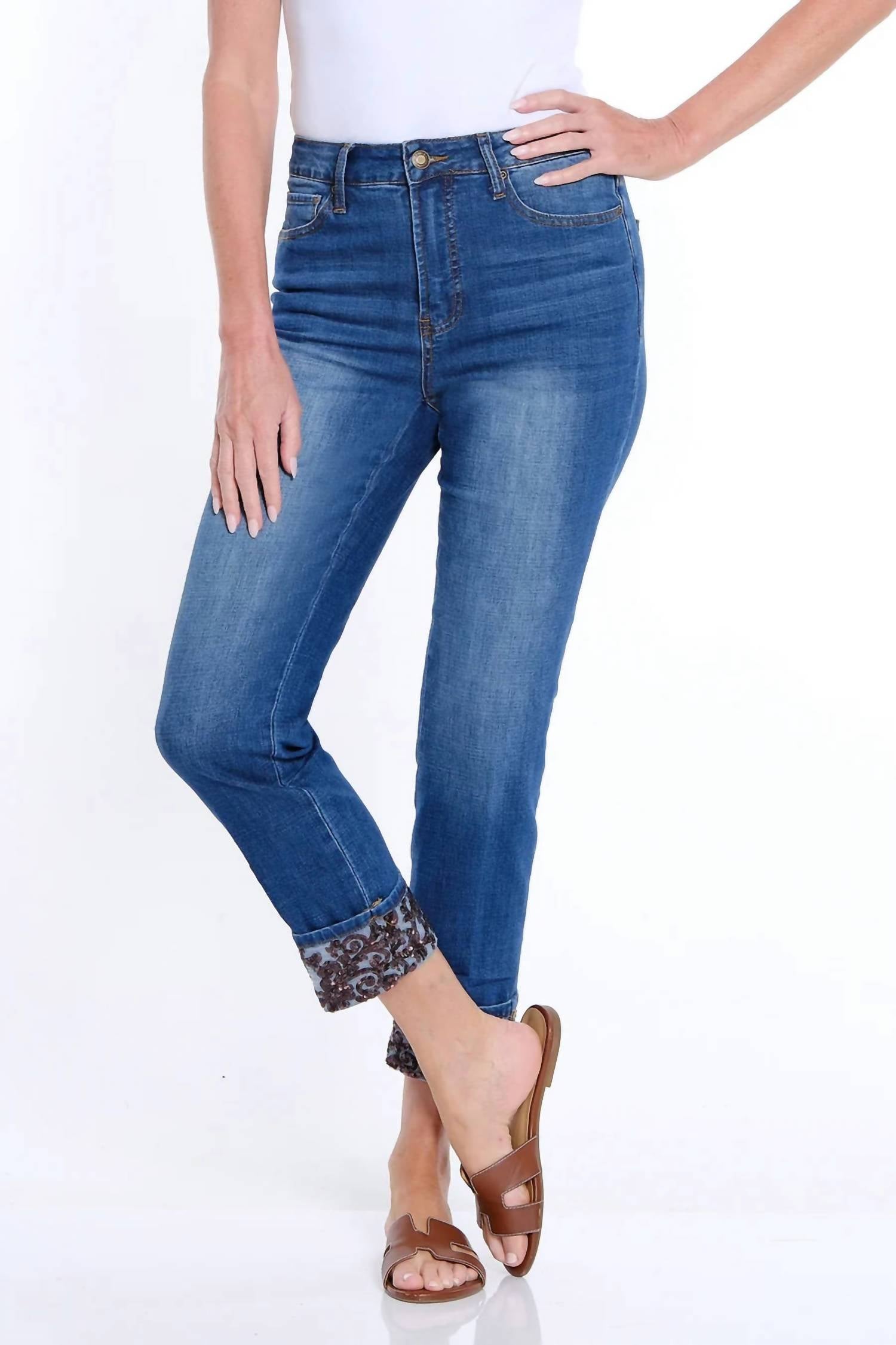 Multiples Sequin Trim Cuffed Ankle Length Jean in blue - women's jeans - alternate view