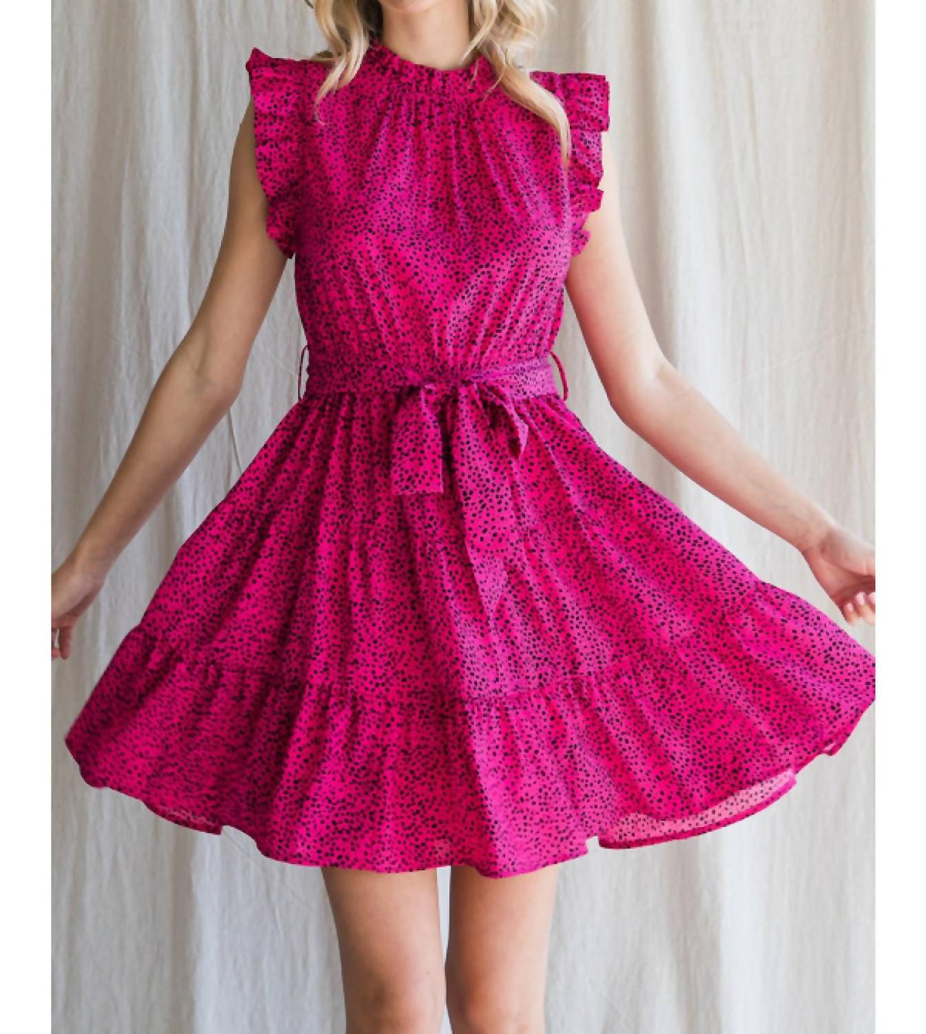 Jodifl - Frilled Neck Ruffle Sleeve Dress With Pockets