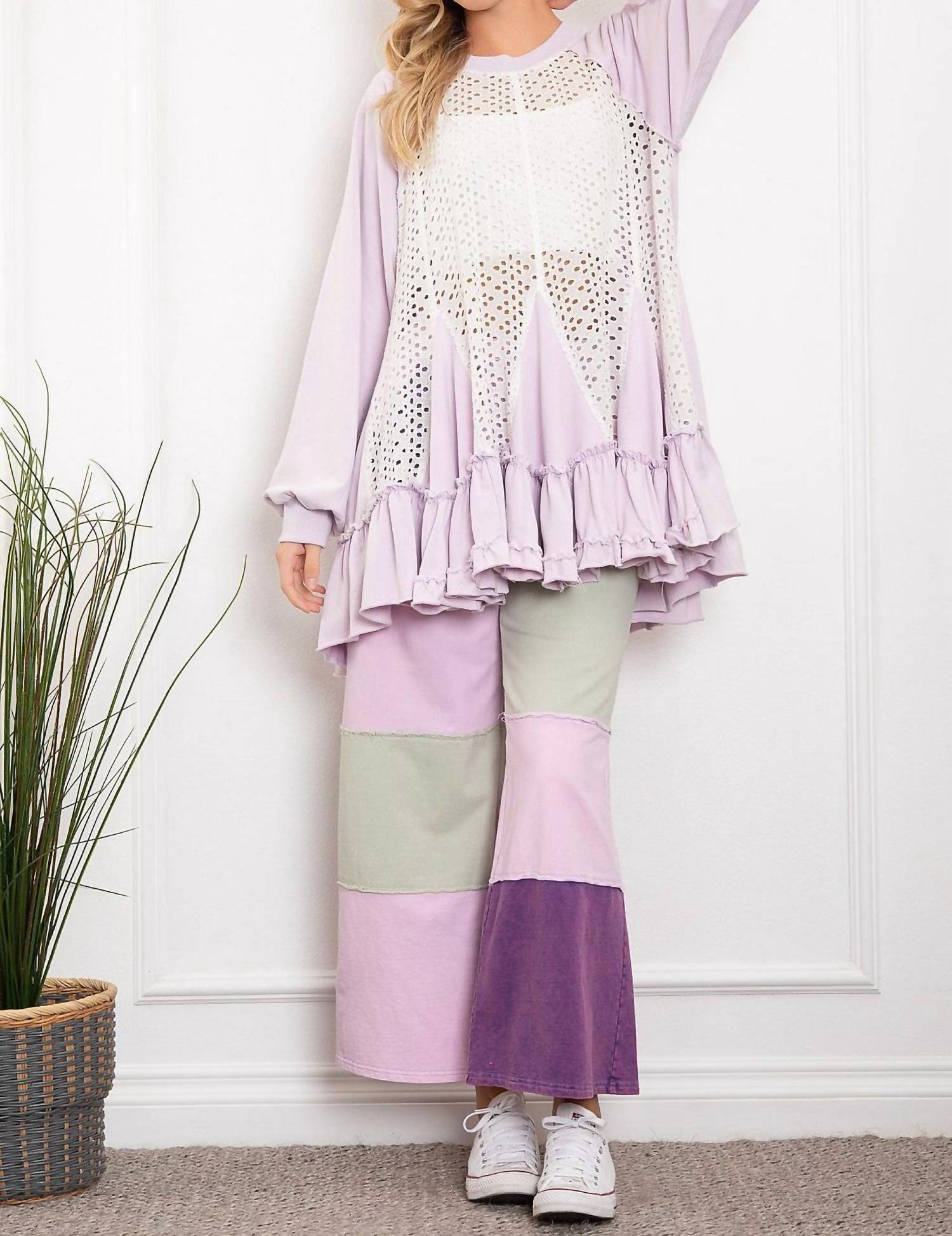 Blue Velvet Sheer Eyelet Front Contrast Ruffle Bottom Hi-lo Tunic in lilac - women's shirt - view 4