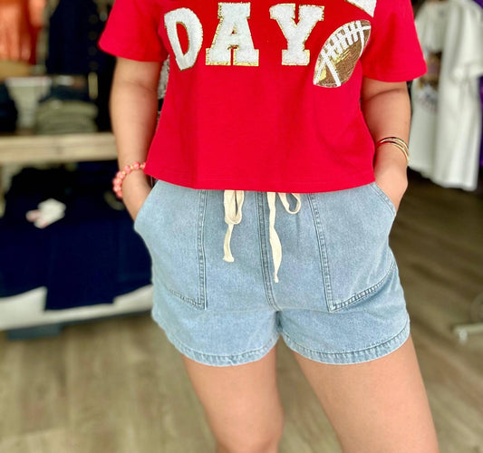 She + Sky - Washed Denim Shorts With Elastic Waist Band And Pockets