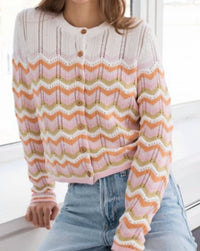 Autumn Cashmere Boxy Zig Zag Stitch Crew Neck Cardigan in latte combo - women's cardigan - detail view