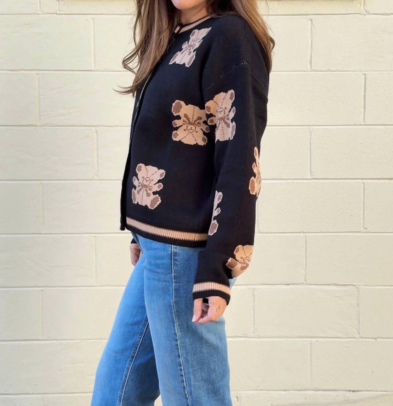 THML Harmony Button Front Sweater in black brown - women's sweater - detail view