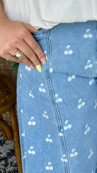 Peach Love - Cherry Print Washed Denim Gypsy Fit Pants
