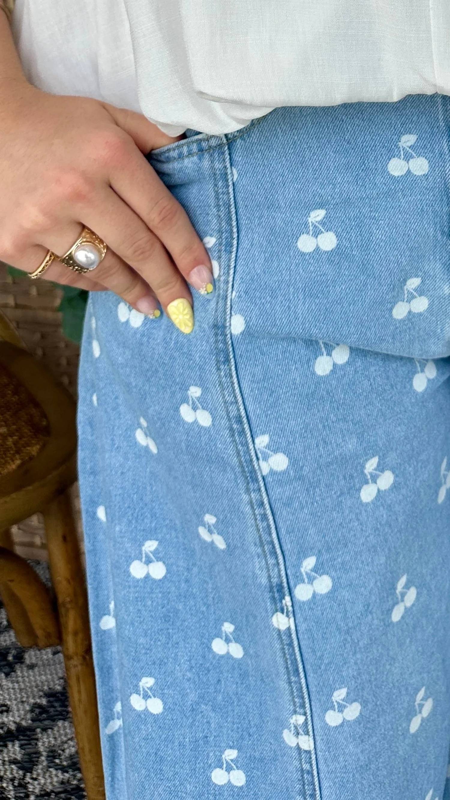 Peach Love - Cherry Print Washed Denim Gypsy Fit Pants
