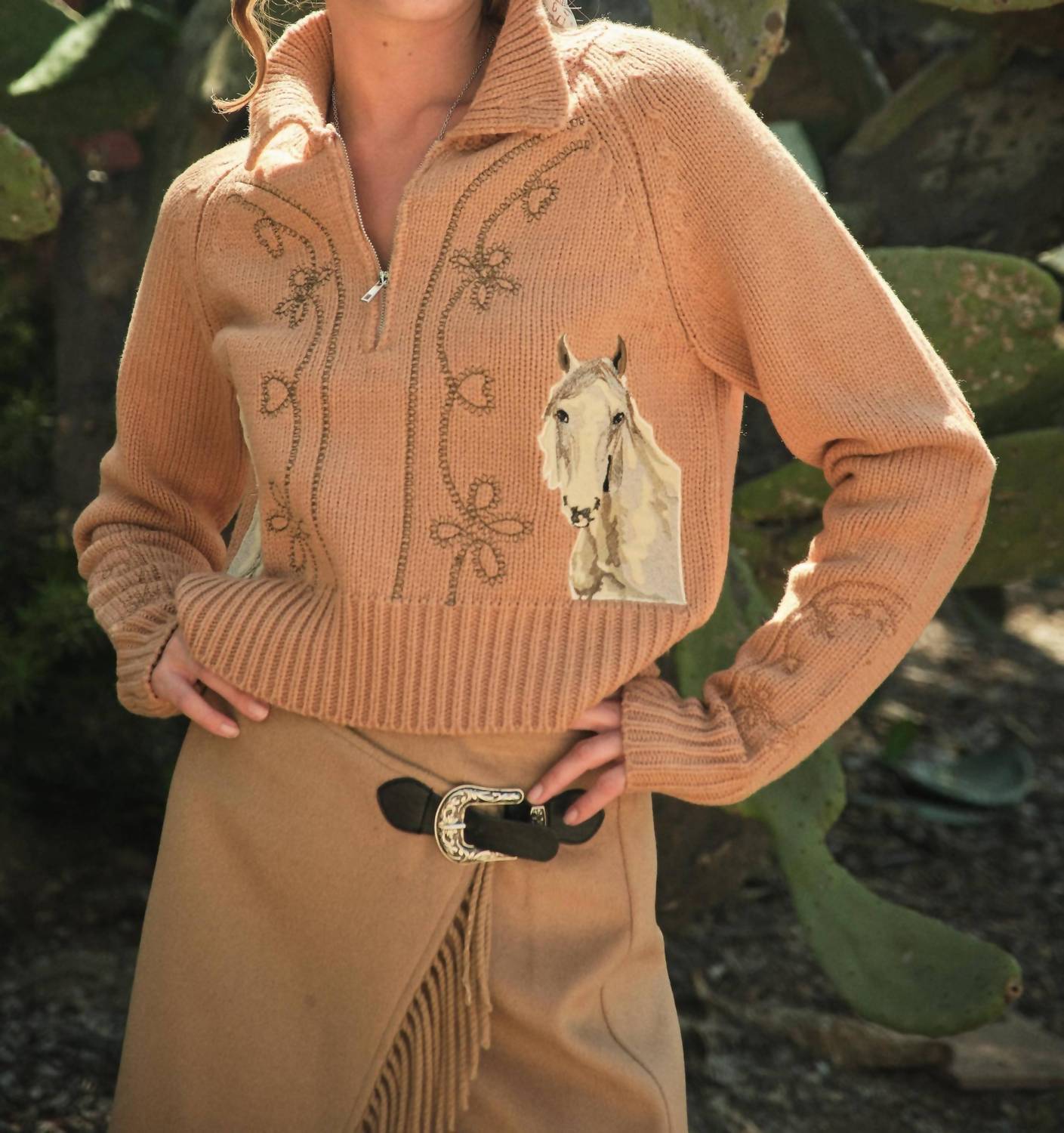 Blue B Horse Embroidered Zip Up Mock Neck Sweater in taupe - women's cardigan