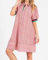 Sewn And Seen - Striped Floral Collared Puff Sleeve Mini Dress