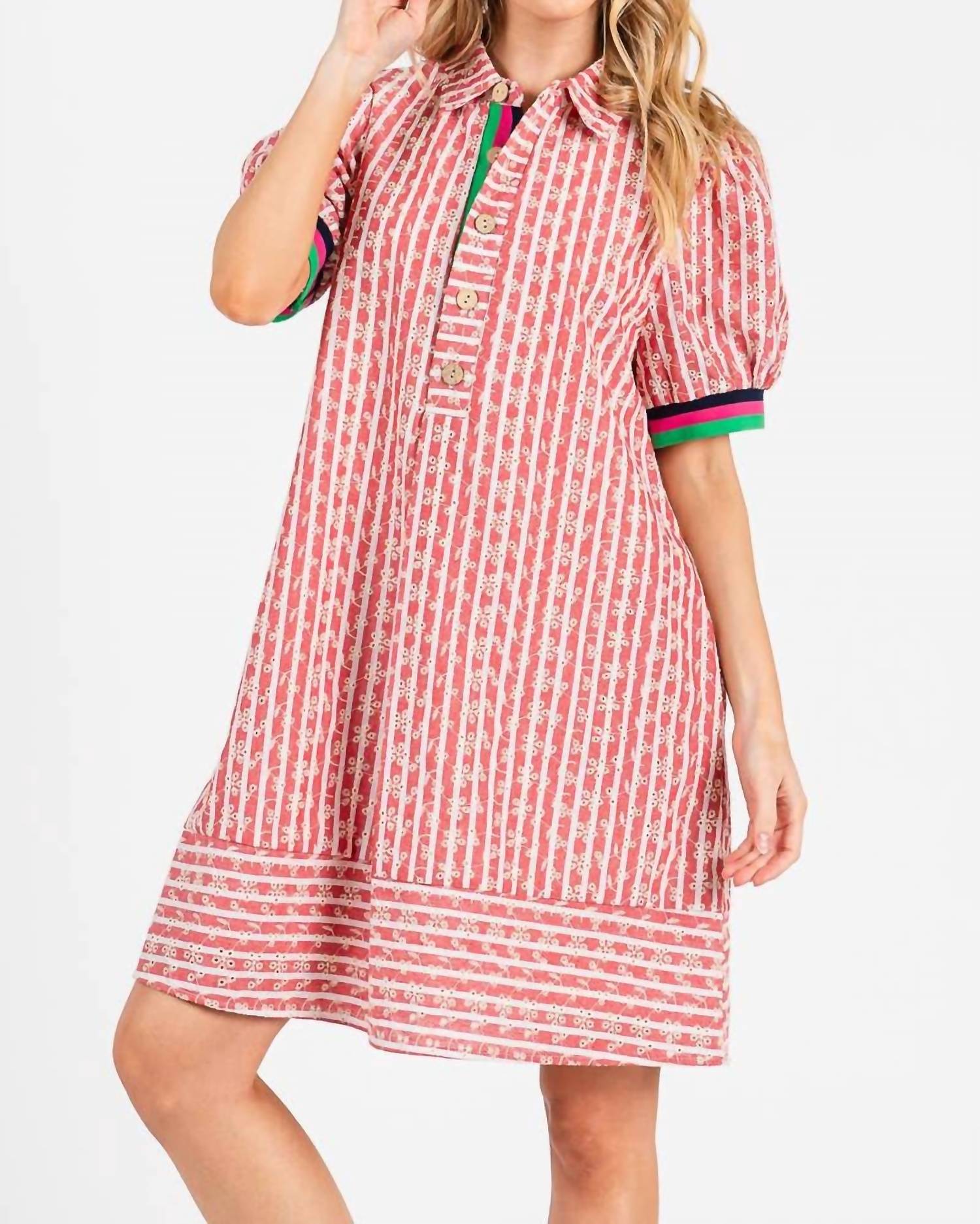 Sewn And Seen - Striped Floral Collared Puff Sleeve Mini Dress