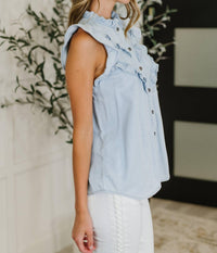 One Eleven North Ruffle Detailed Flutter Sleeve Top in blue - women's blouse - view 4