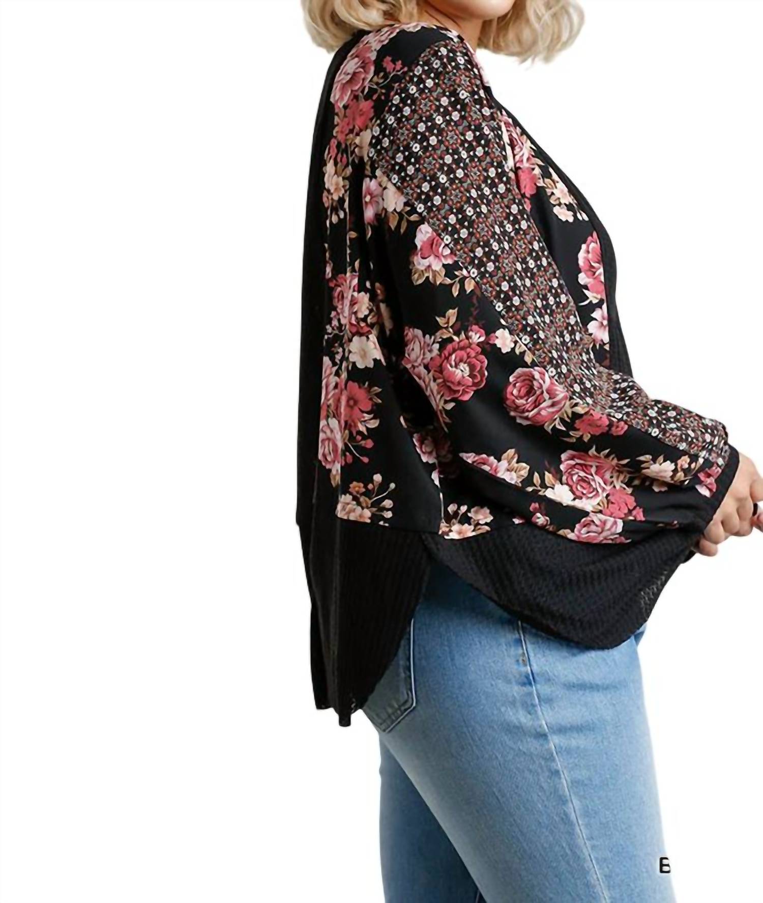 Umgee - Mixed Print Waffle Knit Top - PLUS