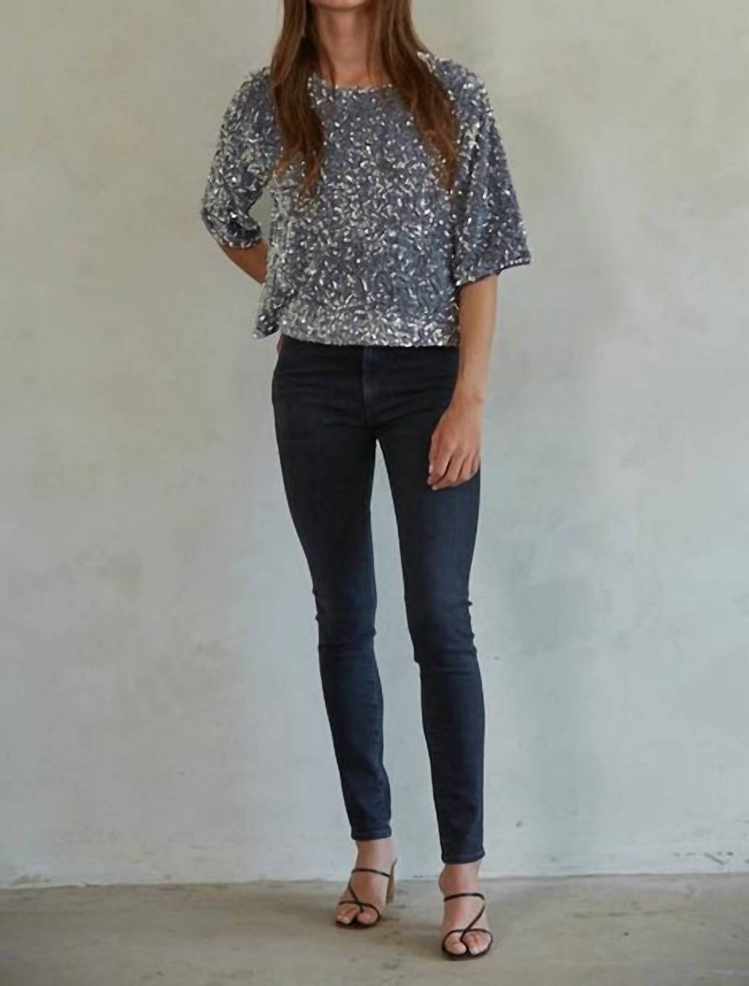 By Together - Sequin Velvet Round Neck Short Sleeve Top