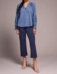 Tribal - Jaquard Appliqué-sleeve Notch Neck Blouse