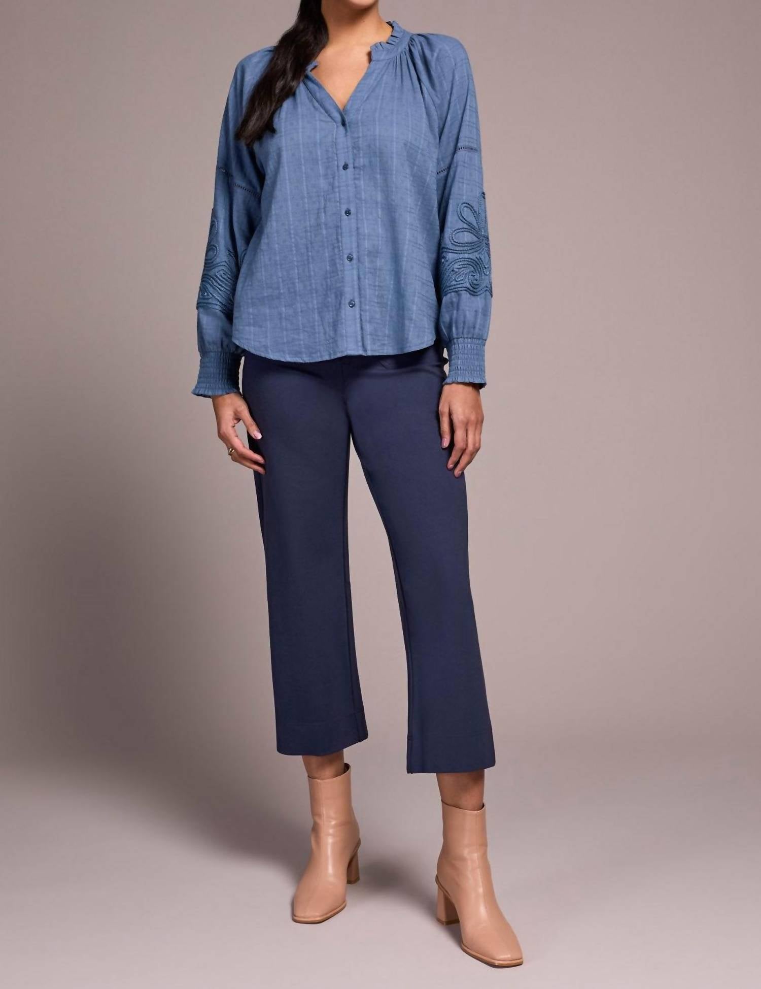 Tribal - Jaquard Appliqué-sleeve Notch Neck Blouse