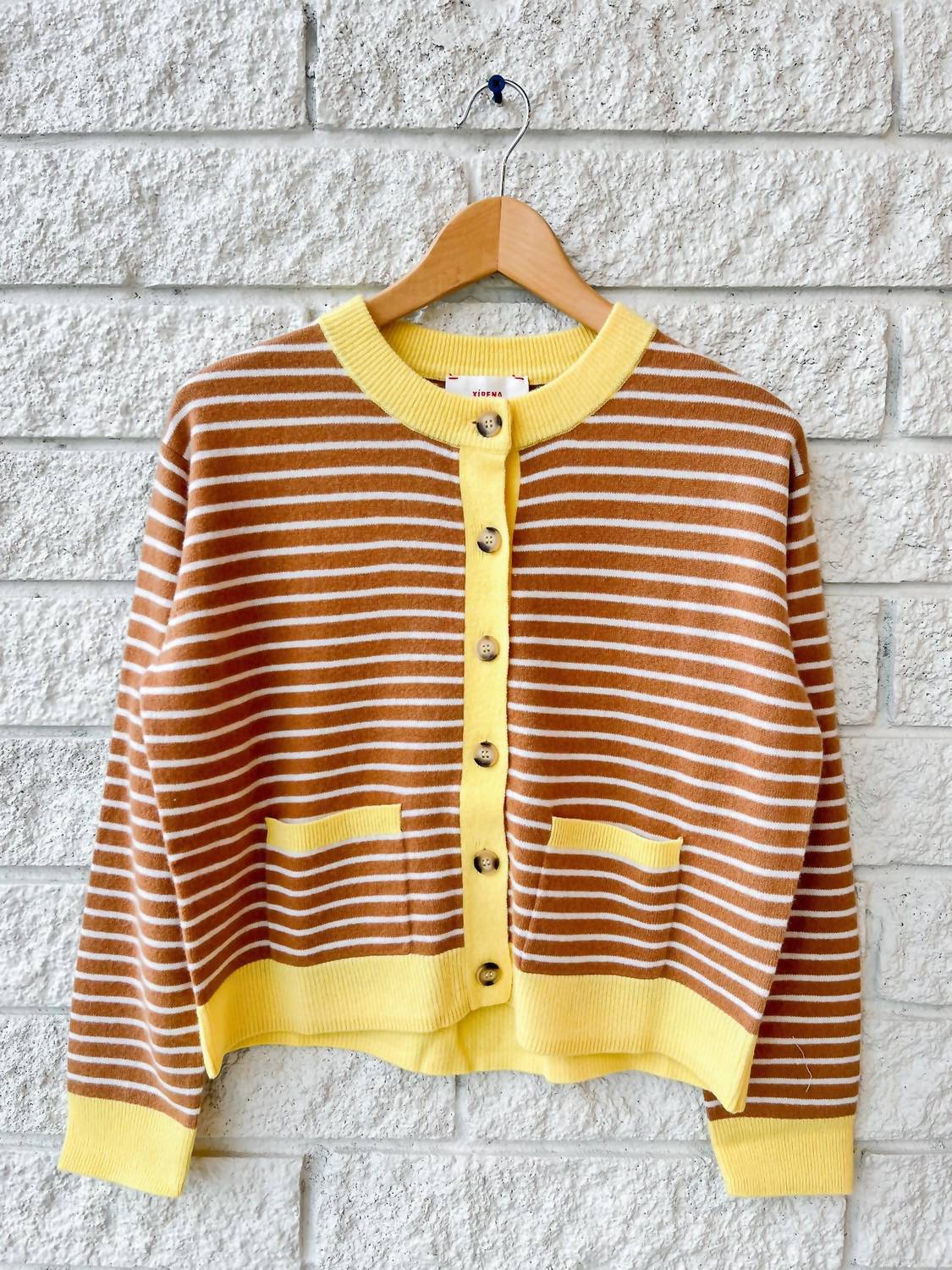 XIRENA Lillian Long Sleeve Cardigan in camel stripe - women's cardigan - detail view