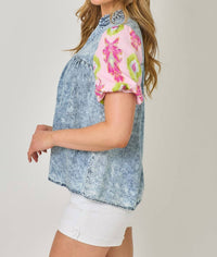 Mystree - Washed Mixed Media Peasant Blouse