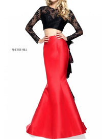 Sherri Hill Mermaid Lace Two Piece Gown in black red 1 - women's dress - detail view