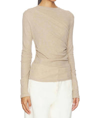Enza Costa Cashmere Jersey Draped Long Sleeve Crew Top in khaki - women's long sleeve top - alternate view