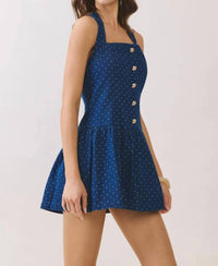 Tcec - Denim Polka Dot Back Smocked Halter Mini Dress