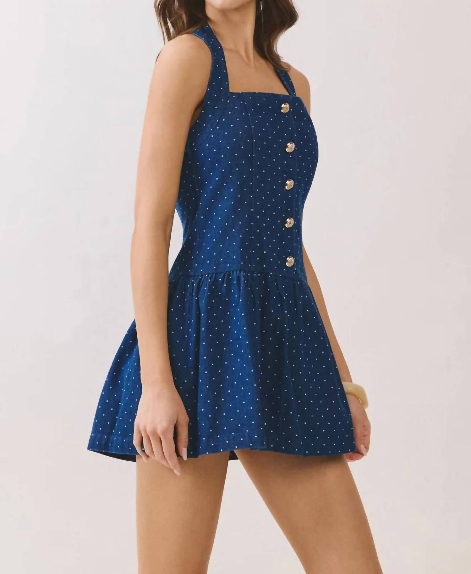 Tcec - Denim Polka Dot Back Smocked Halter Mini Dress