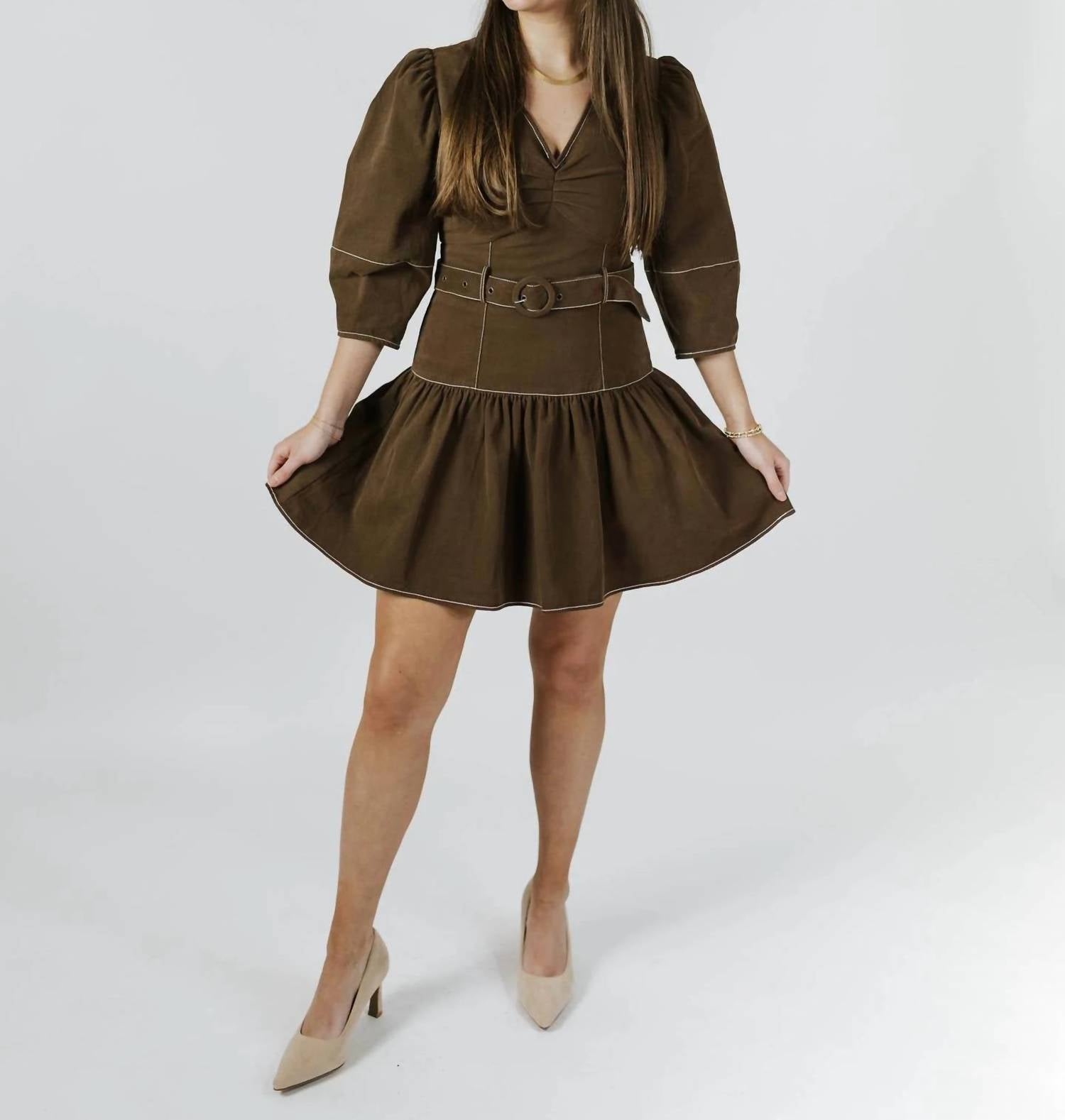 Pinch - Puff Sleeve Belted Dress