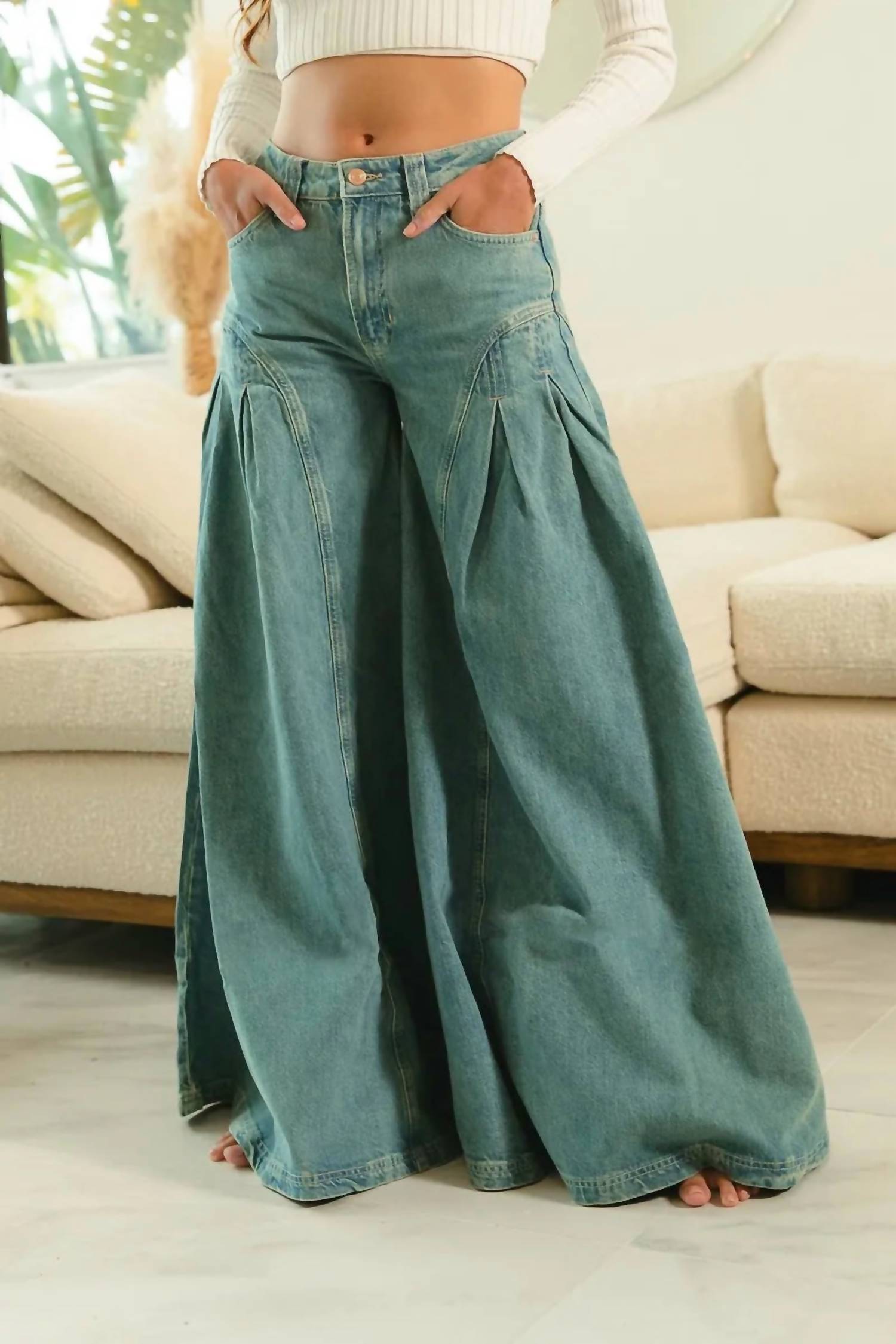 BiBi Pleated Detail Wide Jeans in denim - women's jeans - alternate view