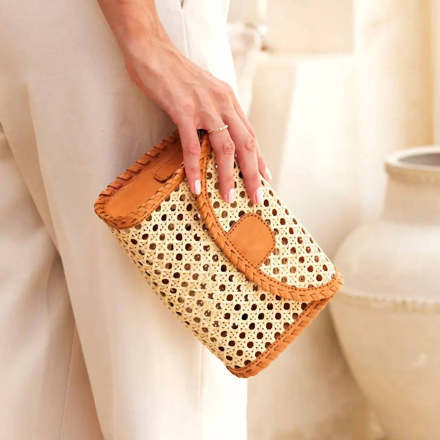 The Winding Road - Rattan Clutch Crossbody With Leather Trim